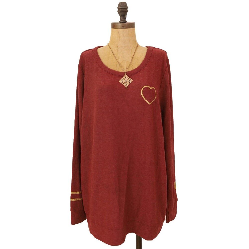 Chaser Cozy Heart Pullover Top 2X Plus Fleece Lined Lightweight Red EUC B75